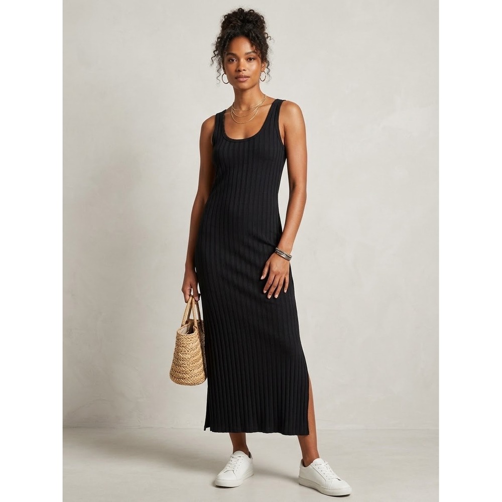 OFFLINE by Aerie OG Ribbed Maxi Dress Black Sleeveless Scoop Neck Slit Large